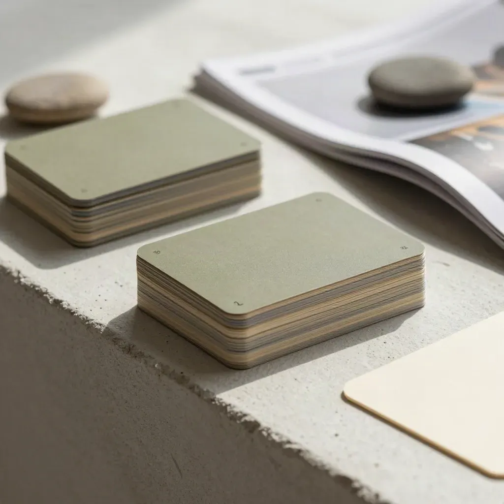Cream snippet cards with edge tabs and a folded magazine under a stone in hard noon light.