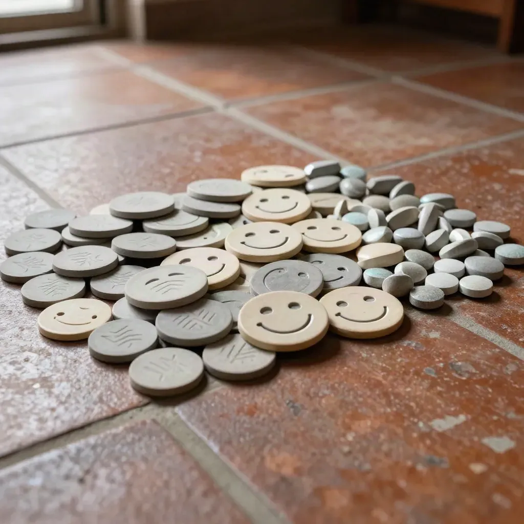 Three rounded reaction token clusters on terracotta tiles, one in daylight, others in shadow.