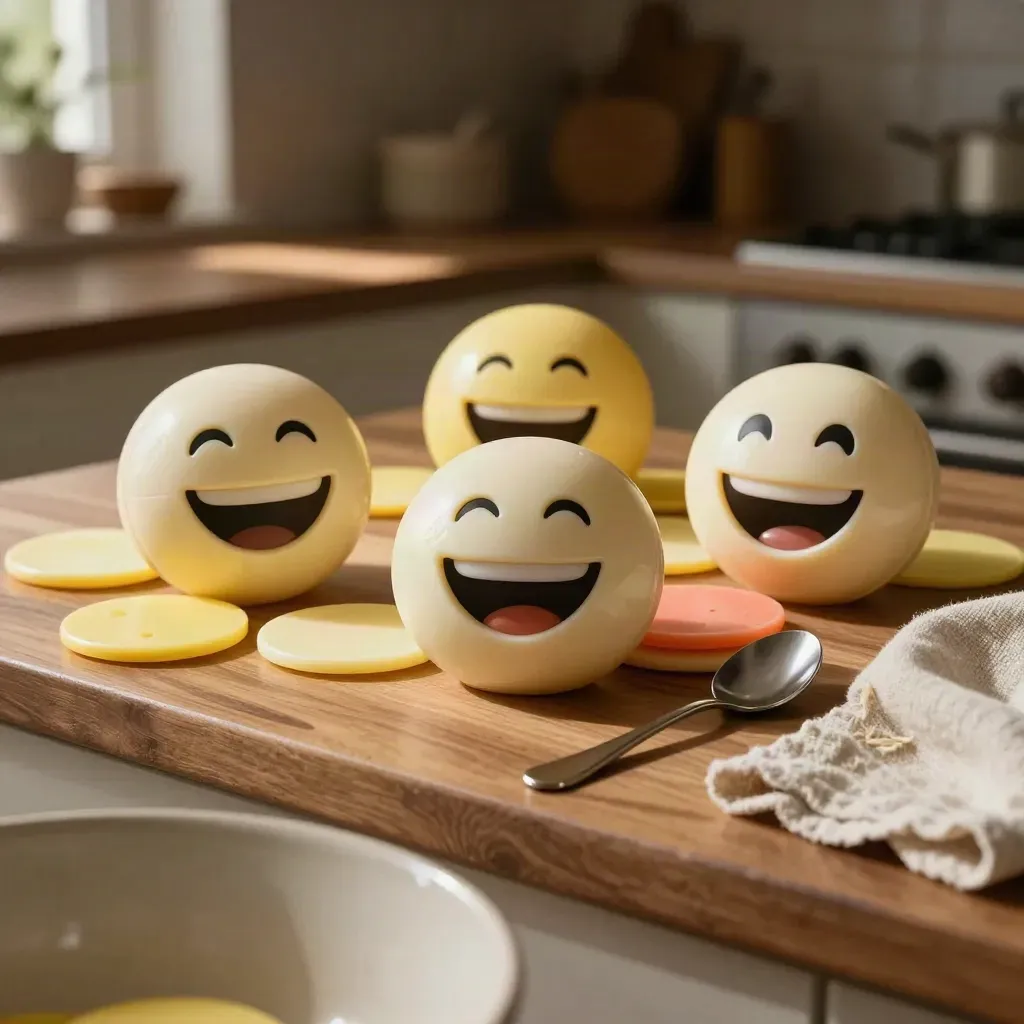 Sunlit emoji laugh-pack clusters, spoon and linen towel on a walnut kitchen counter.