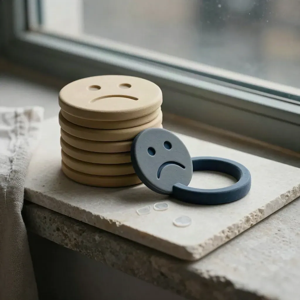 Sad emoji tokens slide off a stack beside a cup ring on a stone slab.