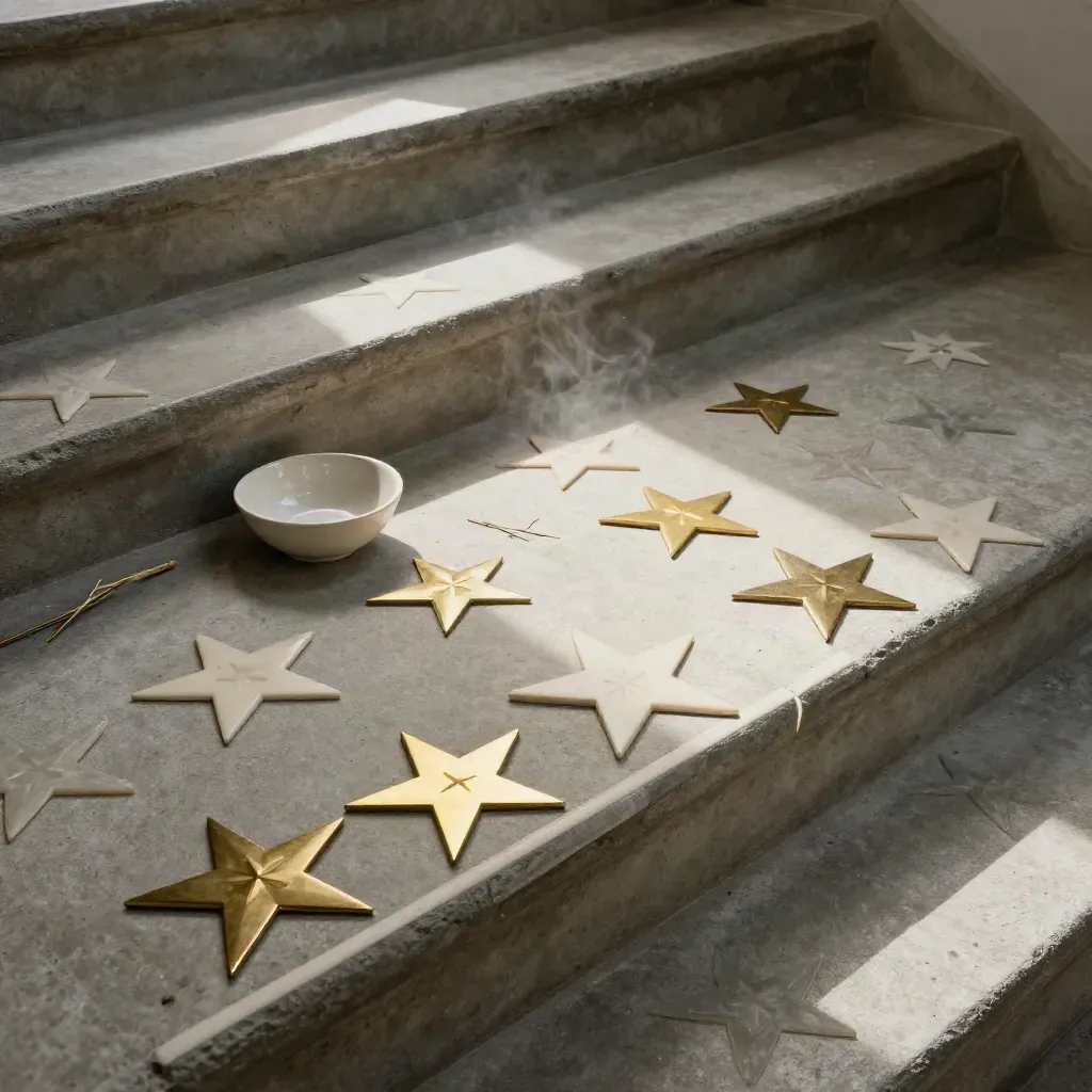 Top-down of star symbol pieces on a concrete stair landing beside a bowl and dried stem.