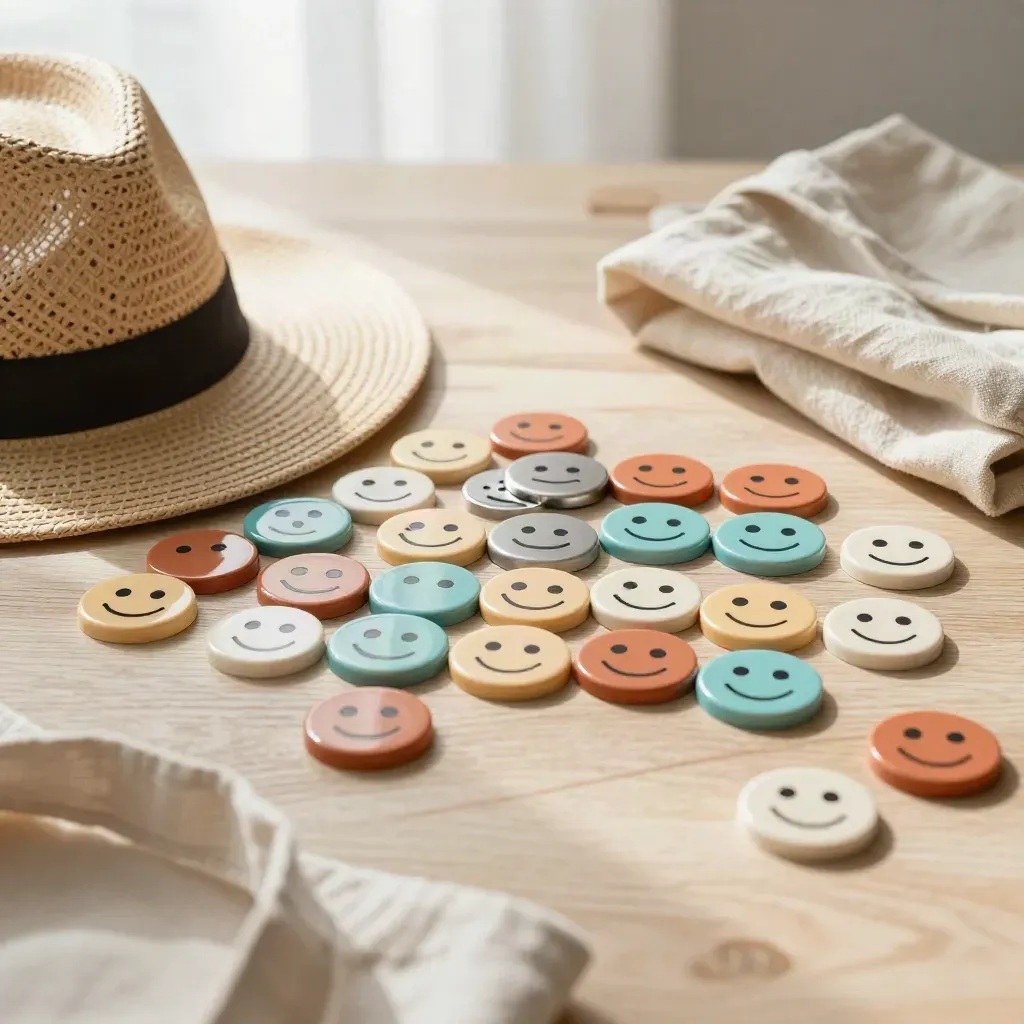 Glossy symbol chips beside a straw sunhat brim and folded linen tote on pale wood