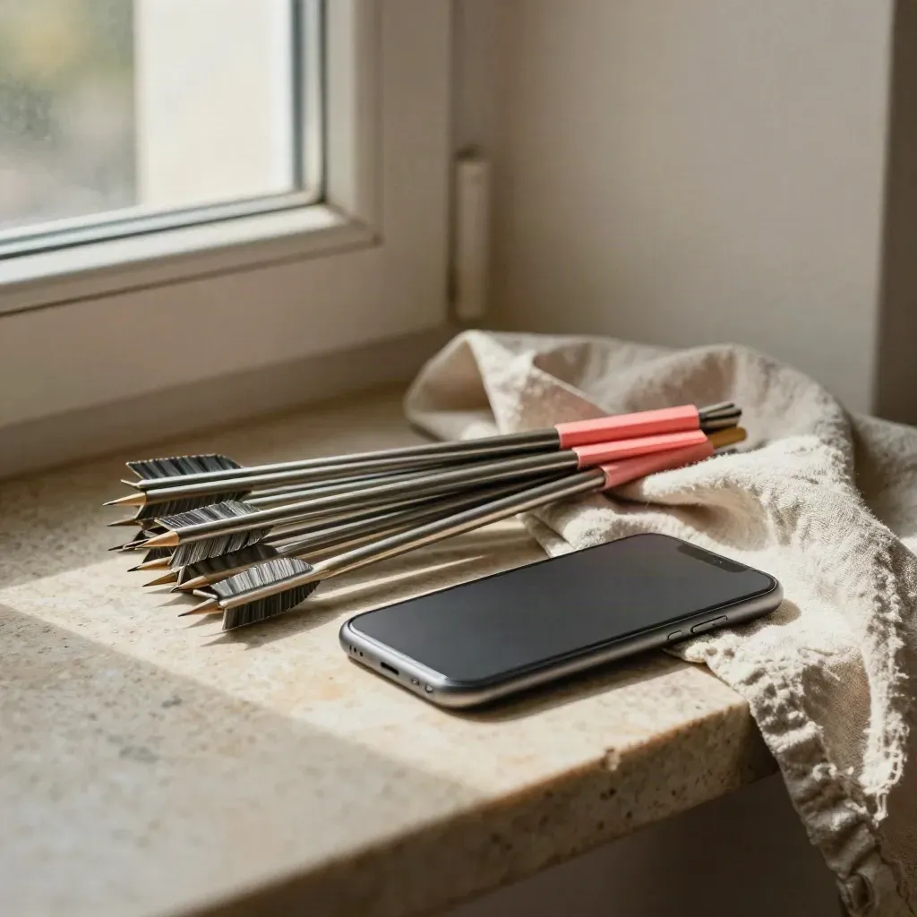Arrow symbols and paper tabs beside a blurred phone on linen, lit by warm window sun.