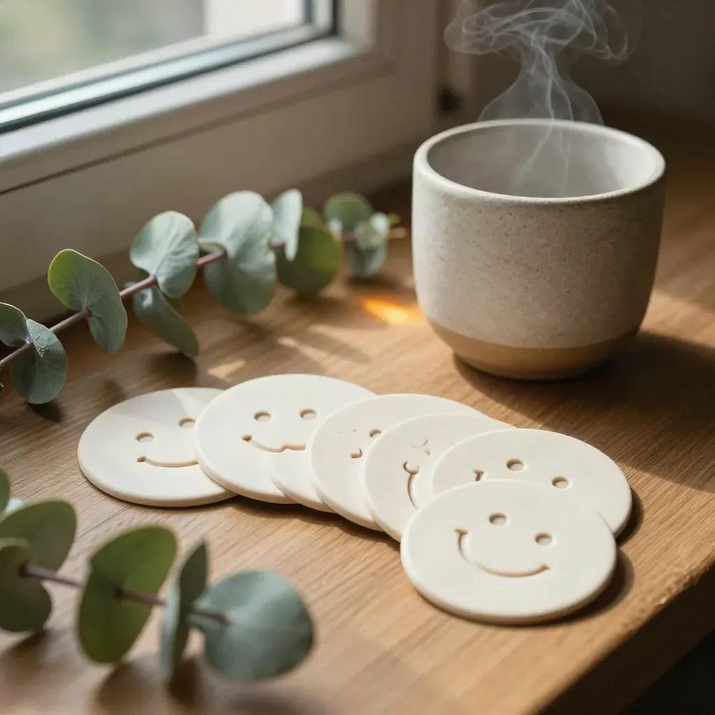 Rounded praise symbol cards beside a ceramic cup and eucalyptus on a warm windowsill.