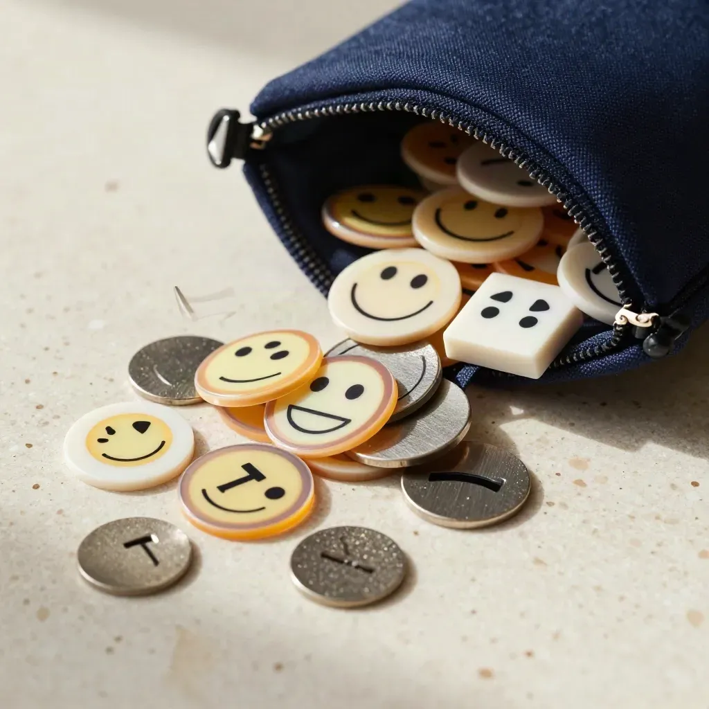 Emoji discs and symbol chips spilling from a deep-navy canvas pouch across pale stone.