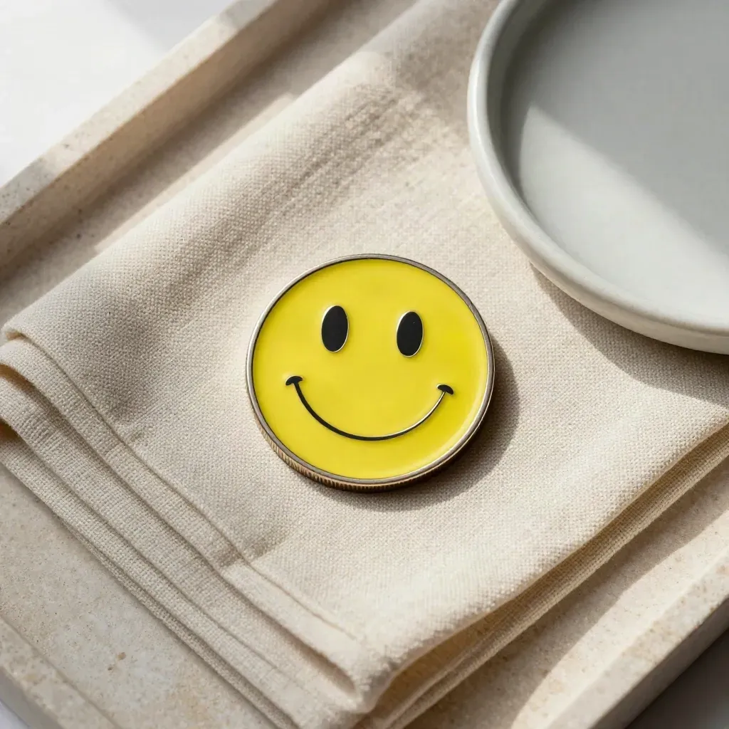 Top-down lemon emoji coin with linen napkin and ceramic dish on a stone tray.