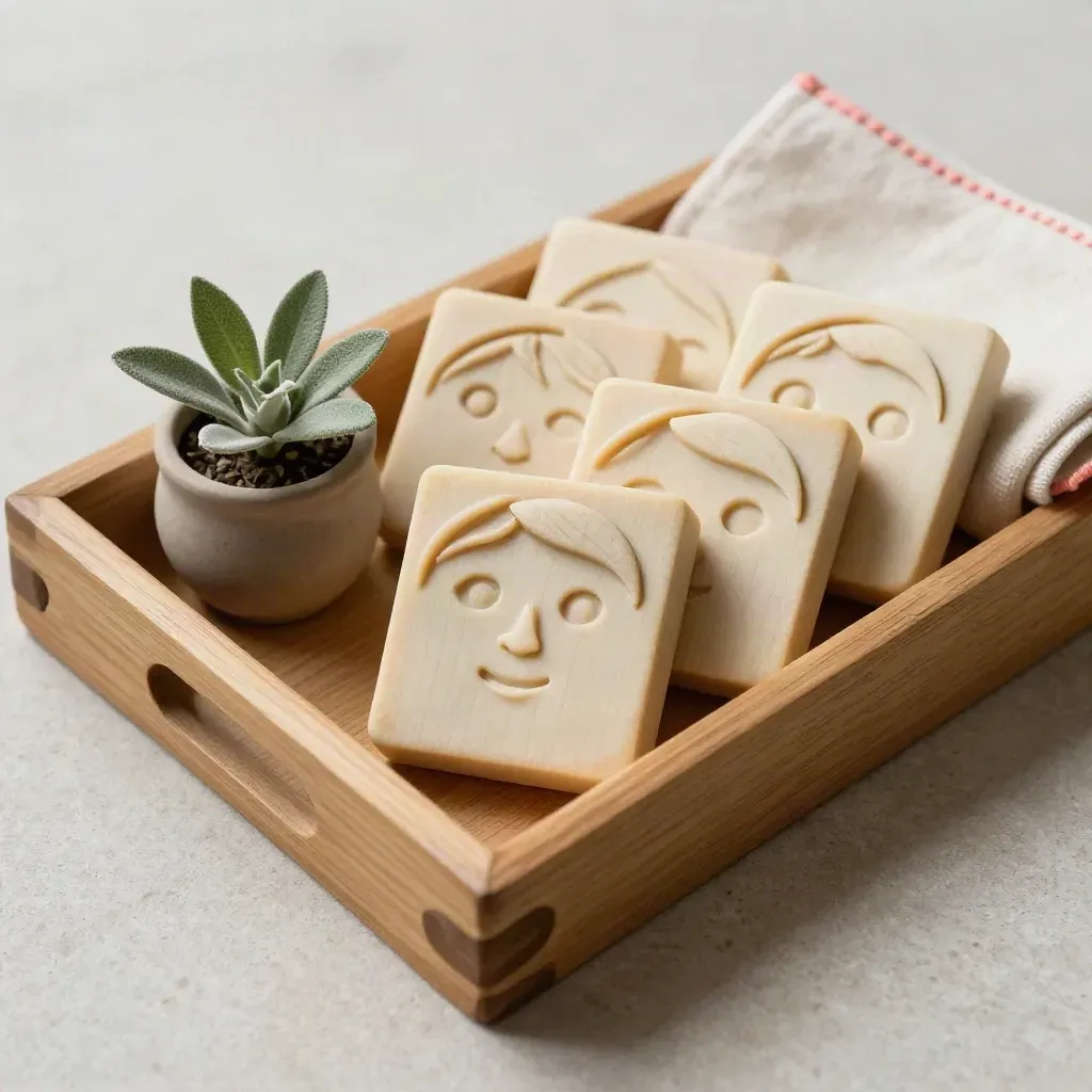 Top-down oak tray with carved kaomoji tiles, cream cloth, and a tiny plant.