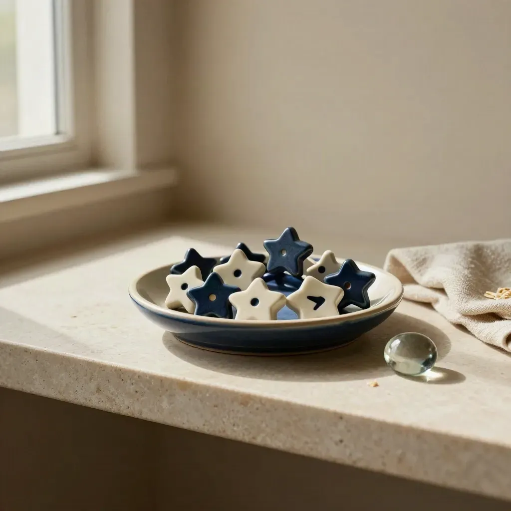 Ceramic saucer with symbol chips, folded cloth, and glass pebble on a stone shelf.