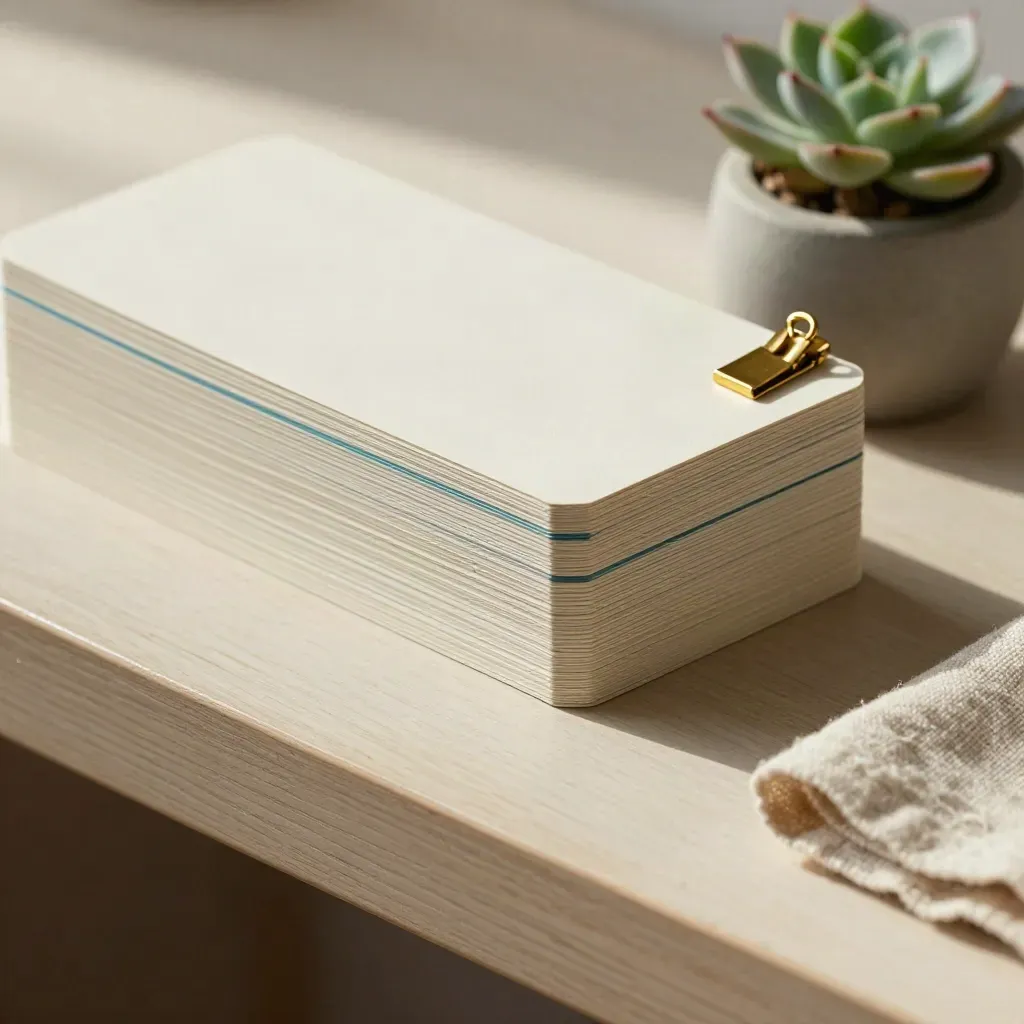Cream cards with aqua tabs, brass clip and succulent on pale wood in soft side light.