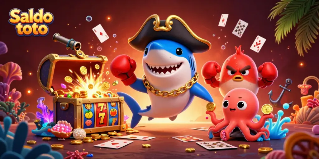 Visualisasi menarik Saldo toto dengan karakter laut ceria dan elemen permainan slot
