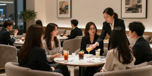 강남구구단 쩜오의 고급스러운 독립 룸에서 손님과 매니저가 대화하는 모습