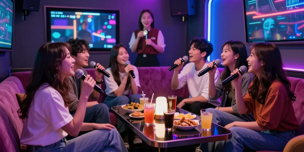 Enjoying the vibrant atmosphere of 인천쓰리노 with friends and a cheerful manager in a karaoke lounge.