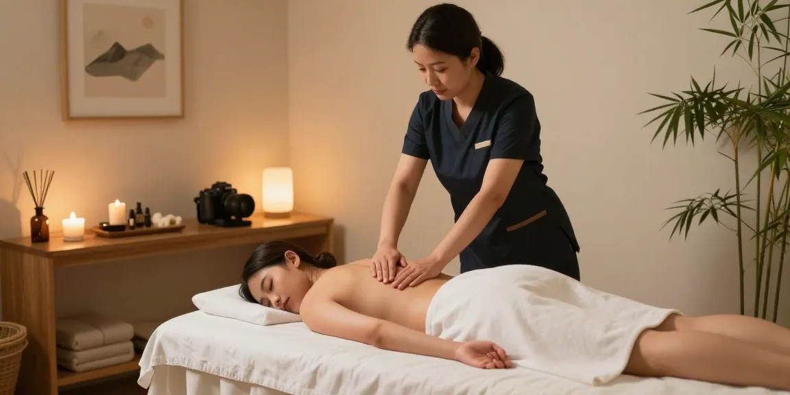 Relaxing scene of a professional therapist providing 스웨디시 massage in a serene wellness studio.