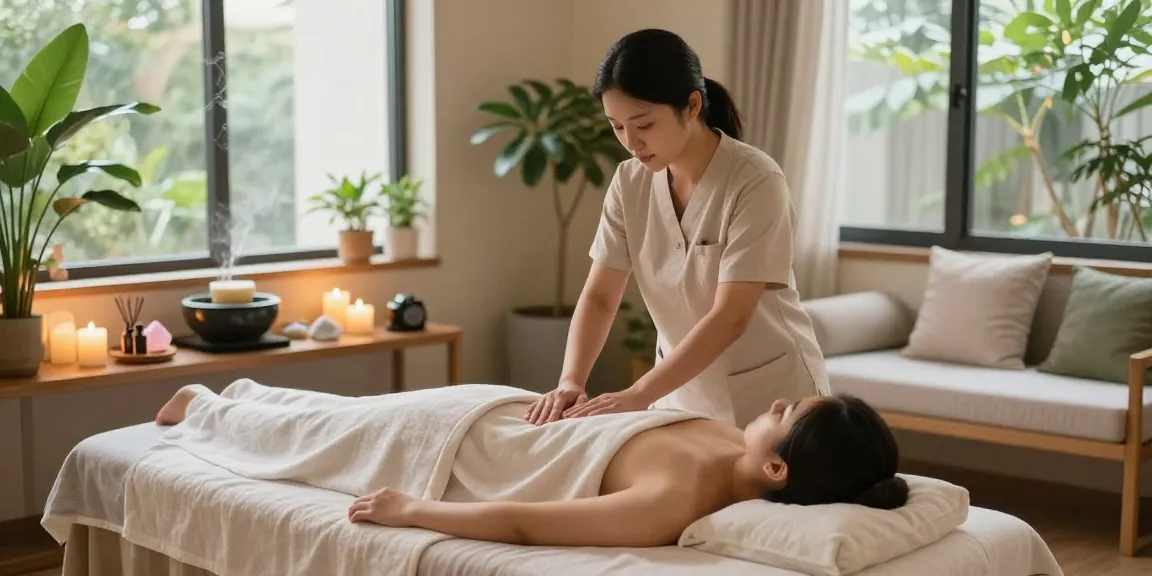 Relaxing 대구마사지 scene with therapist and serene spa environment