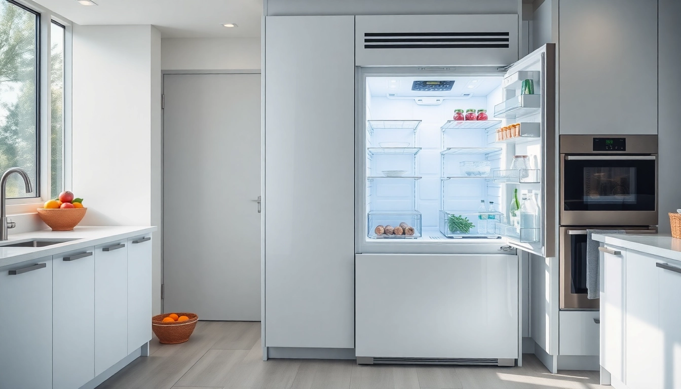 Effortlessly showcase a freezer with sleek design in a well-lit kitchen setting.