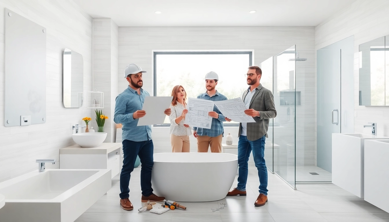 Bathroom renovation contractors near me showcasing a modern bathroom design with blueprints.