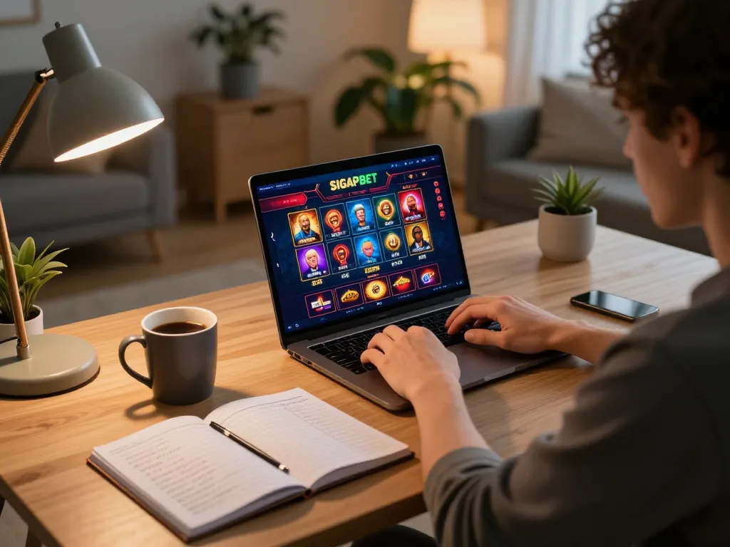 Enjoying SIGAPBET online gaming session with vibrant graphics and coffee on a stylish desk
