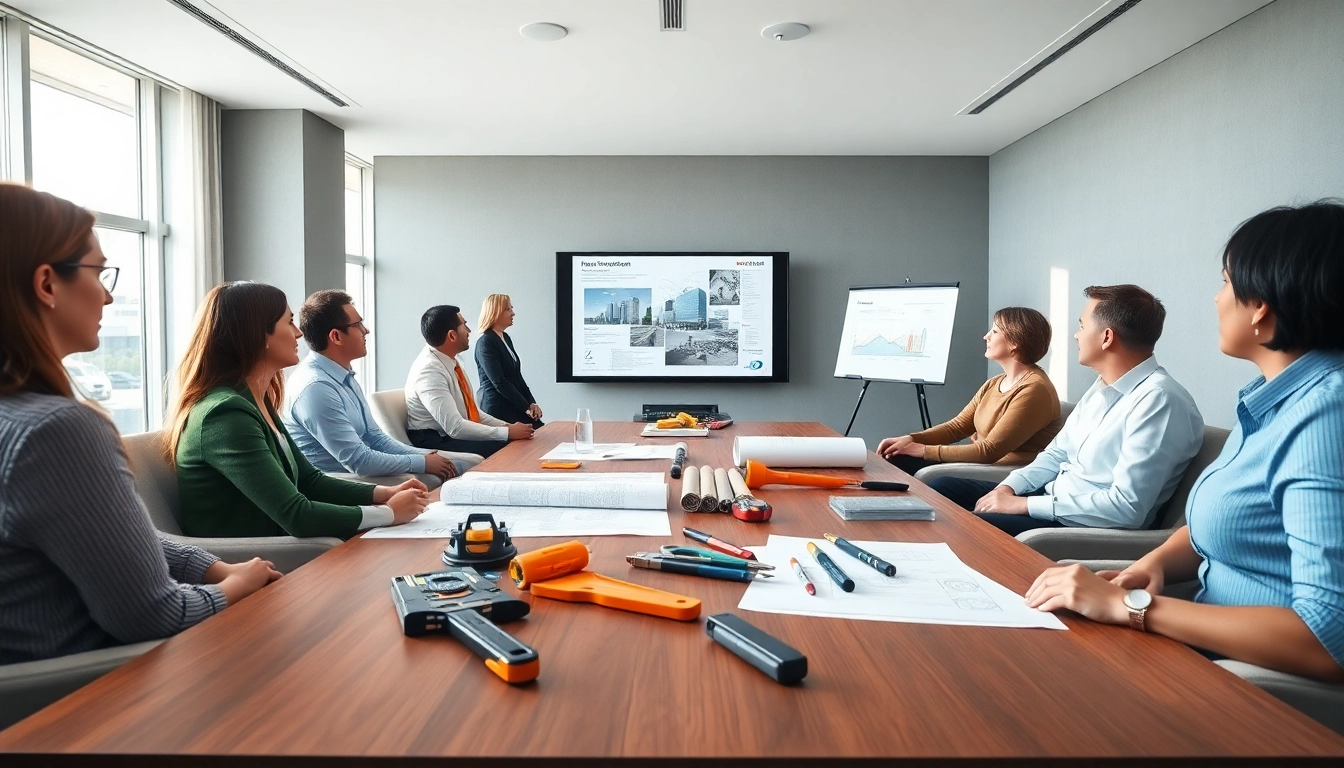 Engaging scene from a construction association meeting emphasizing collaboration and innovation.