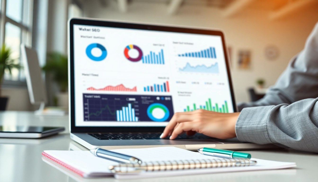 Analyze your SEO performance metrics with colorful analytics charts in a bright office setting.