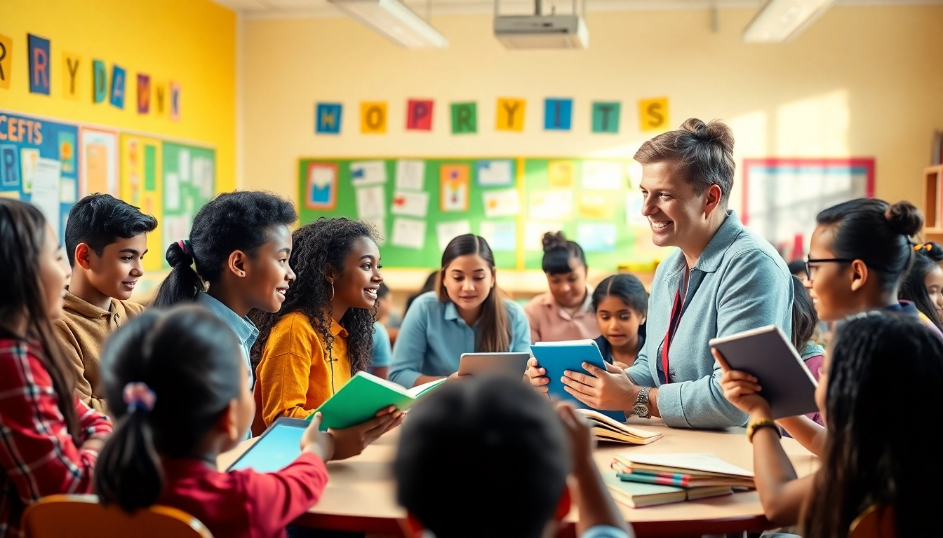 Dynamic classroom scene showcasing education through collaboration and technology.
