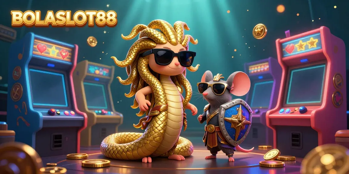 BOLASLOT88 offers a thrilling gaming experience illustrated with vibrant characters and arcade elements.