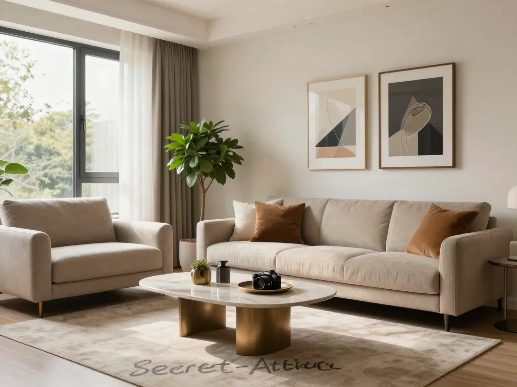 Desain interior elegan oleh Secret-atelier dengan nuansa hangat, menampilkan ruangan nyaman berperabot modern dan penerangan alami.
