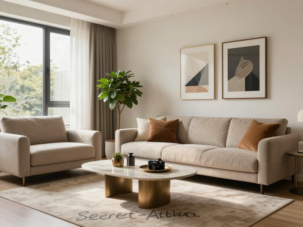 Desain interior elegan oleh Secret-atelier dengan nuansa hangat, menampilkan ruangan nyaman berperabot modern dan penerangan alami.