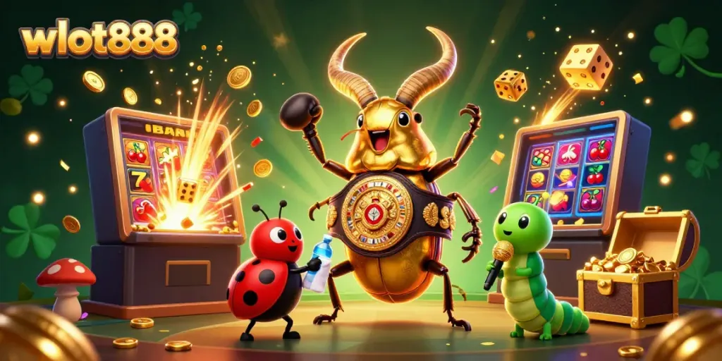 Gambarkan kegembiraan dengan wslot888, mesin slot dan berbagai simbol keberuntungan dalam ilustrasi 3D