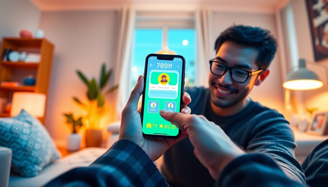 Engaged user exploring the 789f app on a smartphone in a cozy living room.