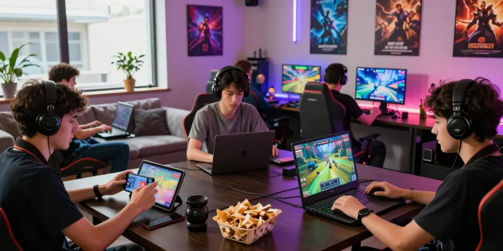 Players enjoying the Luxury333 gaming experience with vibrant visuals and cozy lounge atmosphere.