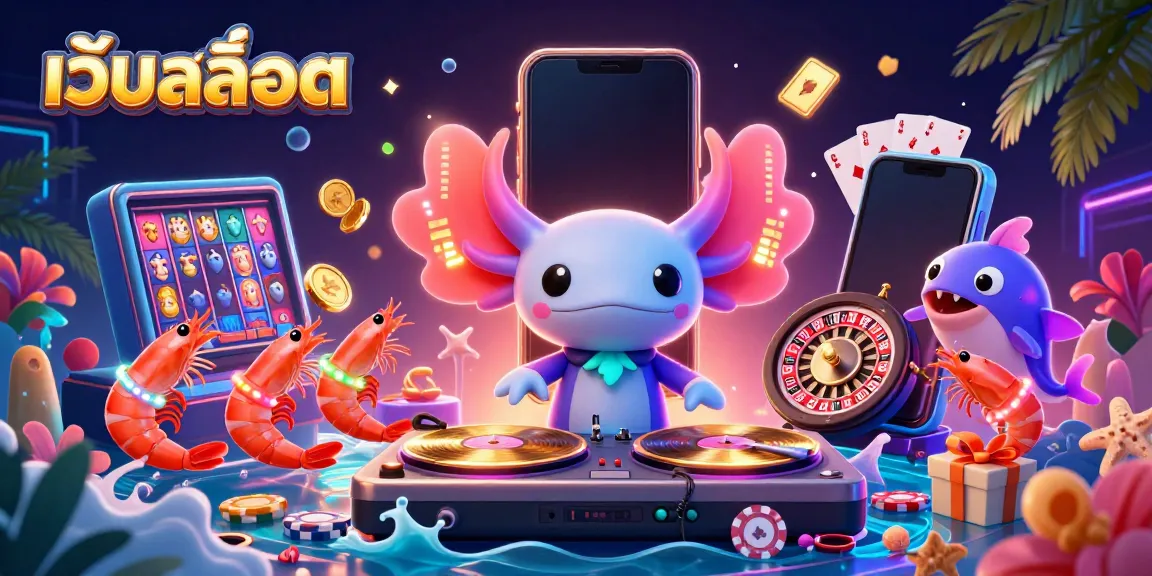 ภาพ 3D คุณภาพสูงในธีมเว็ปสล็อต แสดงเอ็กโซลอต DJ สว่างสดใสหมุนแผ่นเสียง พร้อมกุ้งเต้นและปลาค็อกฮิปที่สนับสนุน