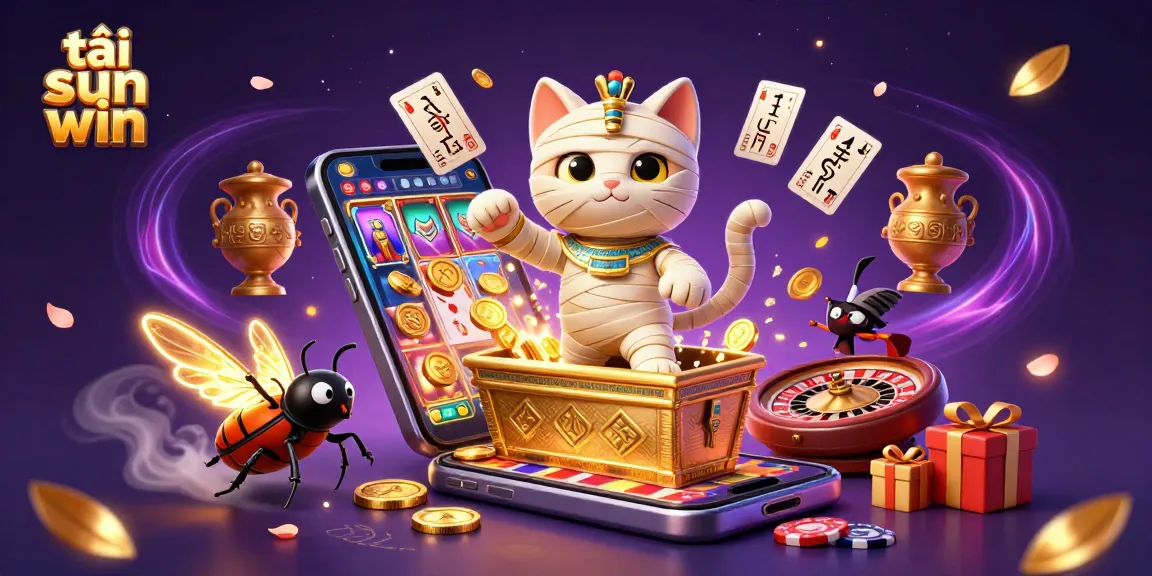Play thrilling games at tải sun win with a vibrant illustration featuring a mummy cat and casino elements.