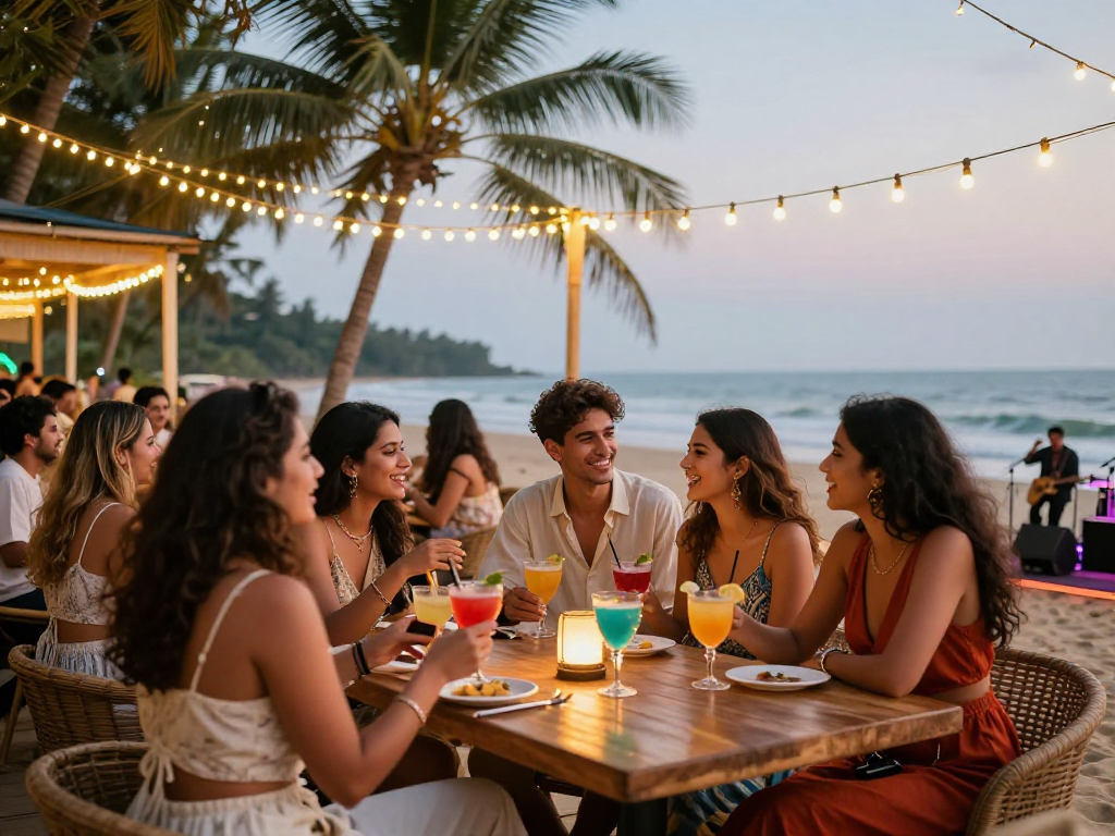Call girls in Goa enjoying vibrant nightlife with cocktails at a beach bar.