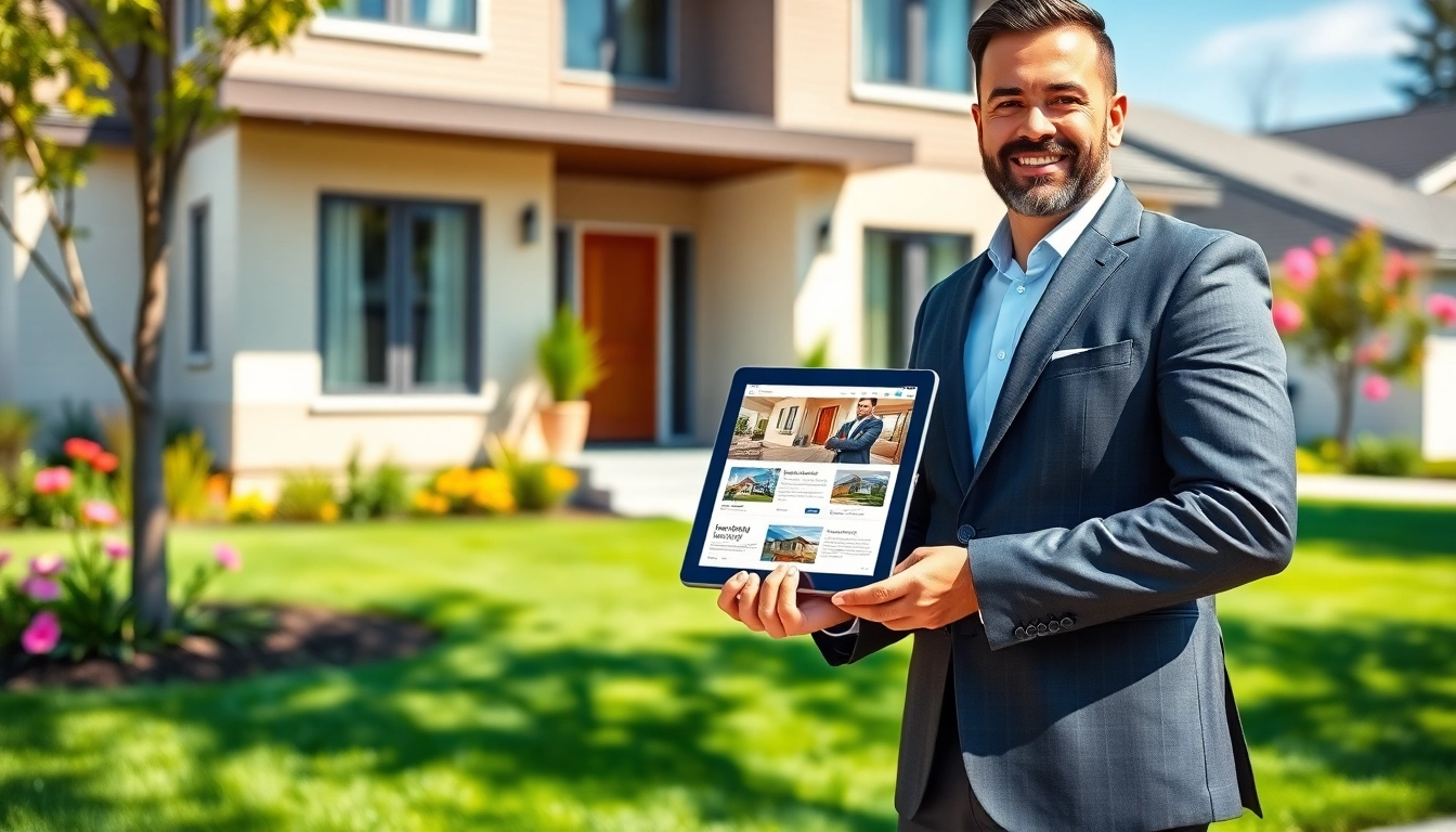 Real Estate agent showcasing a modern home with a digital tablet in hand, inviting atmosphere.
