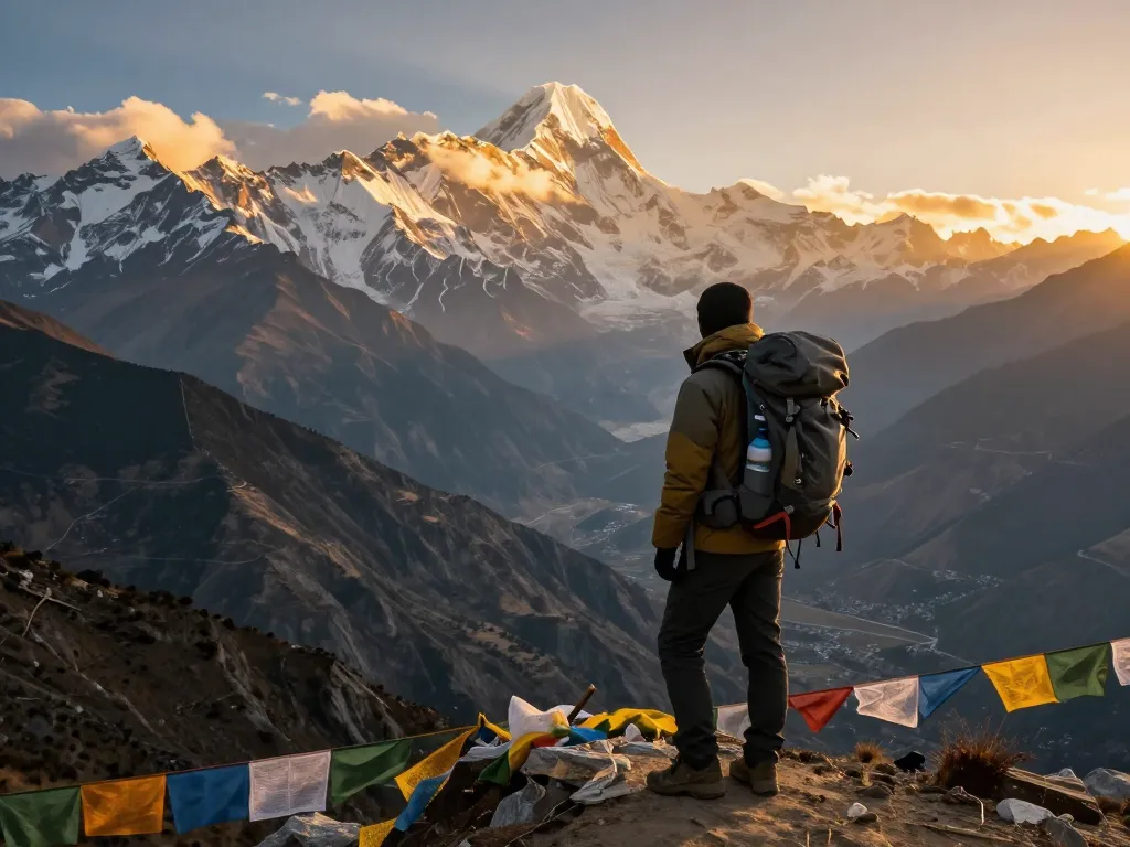 Annapurna Circuit trekking traveler at Thorong La Pass, basking in sunrise over majestic mountains.