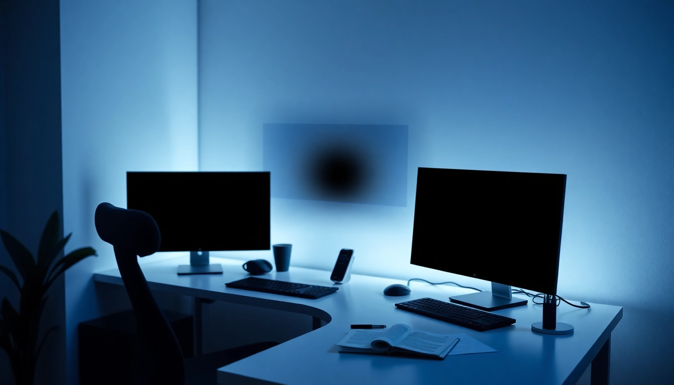 Schermo nero displayed on multiple monitors for eye comfort and energy savings in a modern workspace.