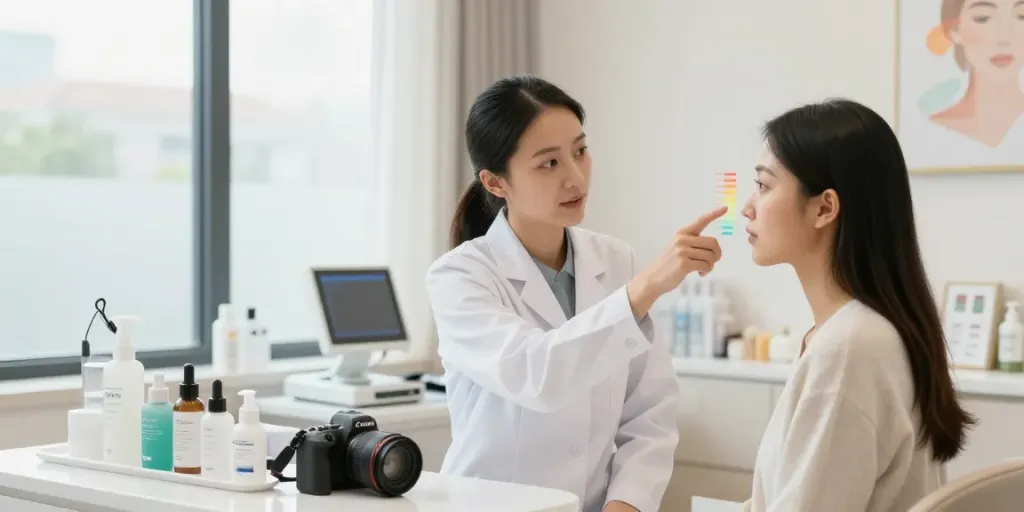 Ästhetische Behandlungsszene im Beauty-Studio für Augenringe entfernen.