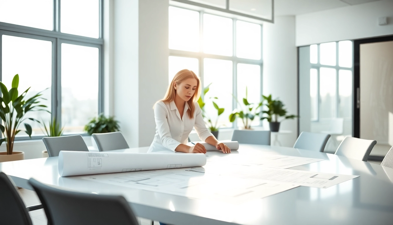 Contact residential architect Boston discussing blueprints in a modern office setting.