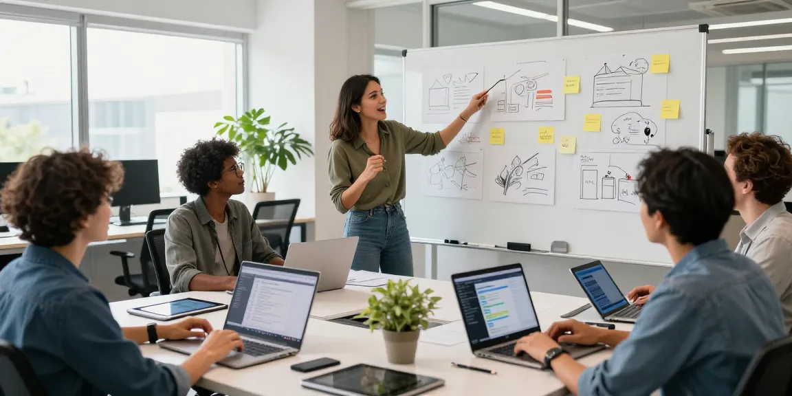 Team collaborating on tech solutions, showcasing creativity and innovation while they crush on new ideas in a modern startup office.