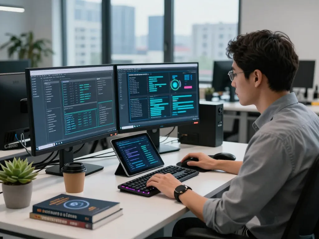 Cybersecurity inspection at https://shs-dome5.com/ with IT specialist monitoring security protocols in a modern office.