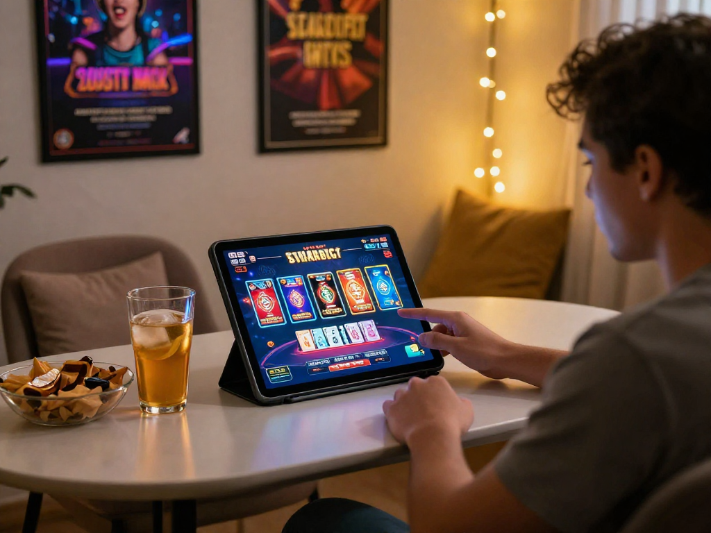 Engaged player using rokok88 daftar on high-resolution tablet in cozy gaming setup.