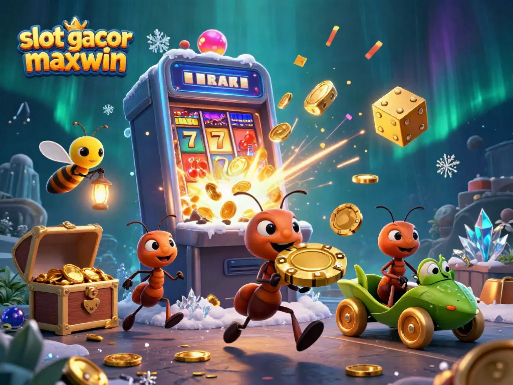 Bermain slot gacor maxwin dengan tim semut kartun yang mencuri chip poker emas raksasa dan mendapatkan jackpot dalam 3D.