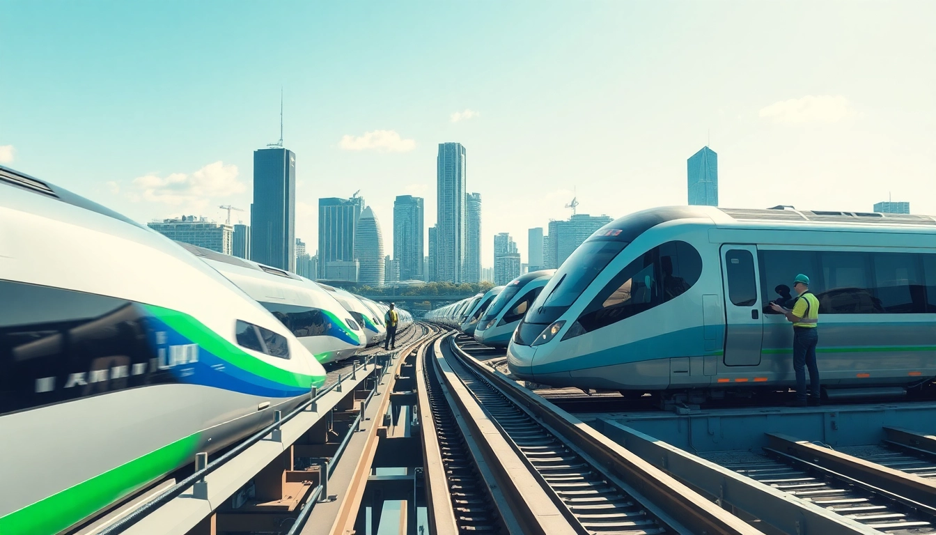 Showcasing advanced trains by a rail systems company with sleek design and urban backdrop.
