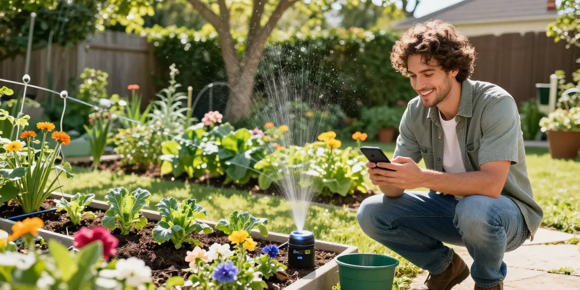 Gardener using the rainpoint sprinkler timer in a flourishing garden