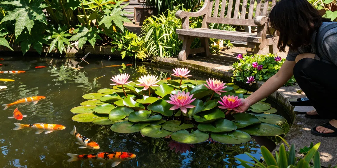 Vibrant water lilies blooming in a serene garden pond, showcasing natural beauty and gardening.