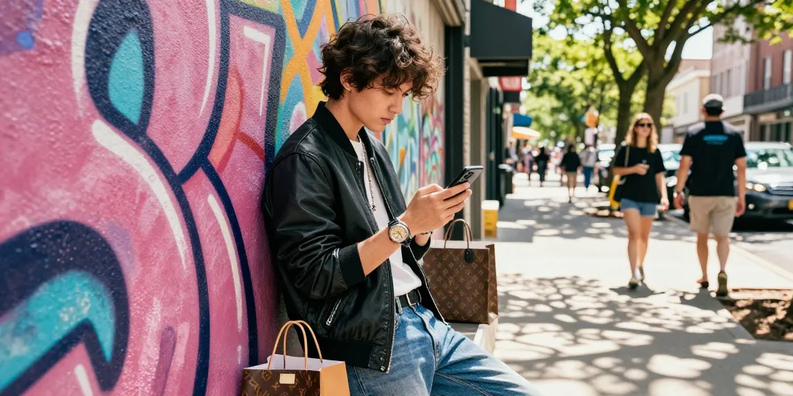 Stylish individual highlighting 시계 레플리카 in urban chic setting with shopping bags and vibrant graffiti.