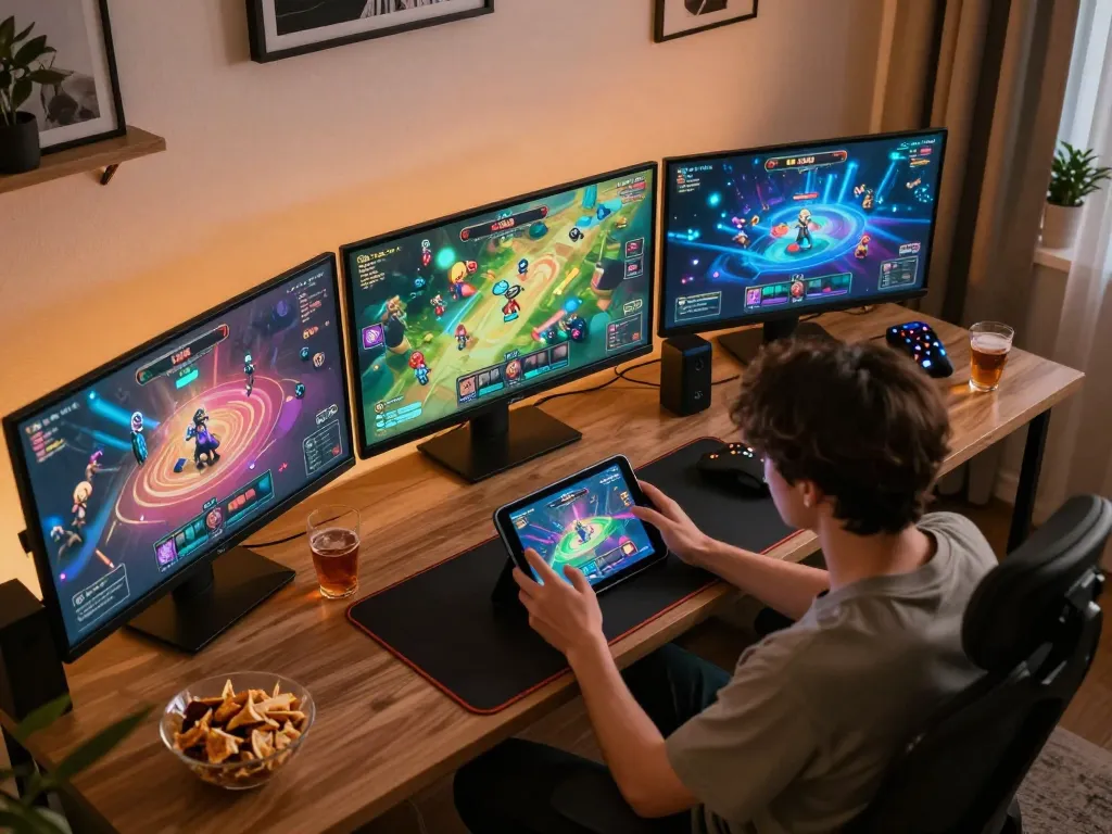Player engaged in SC88 online gaming at home, showcasing tablet and strategy notes in a cozy atmosphere