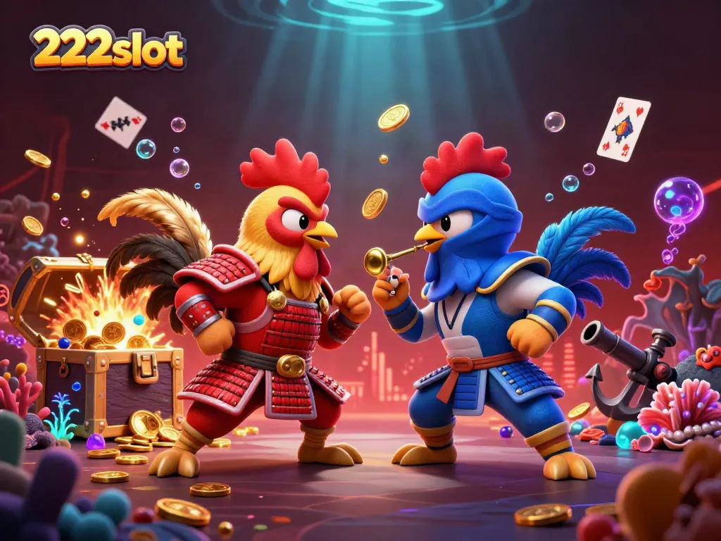 Rangkai simbol slot dan karakter samurai dalam ilustrasi 3D penuh warna untuk 222slot.
