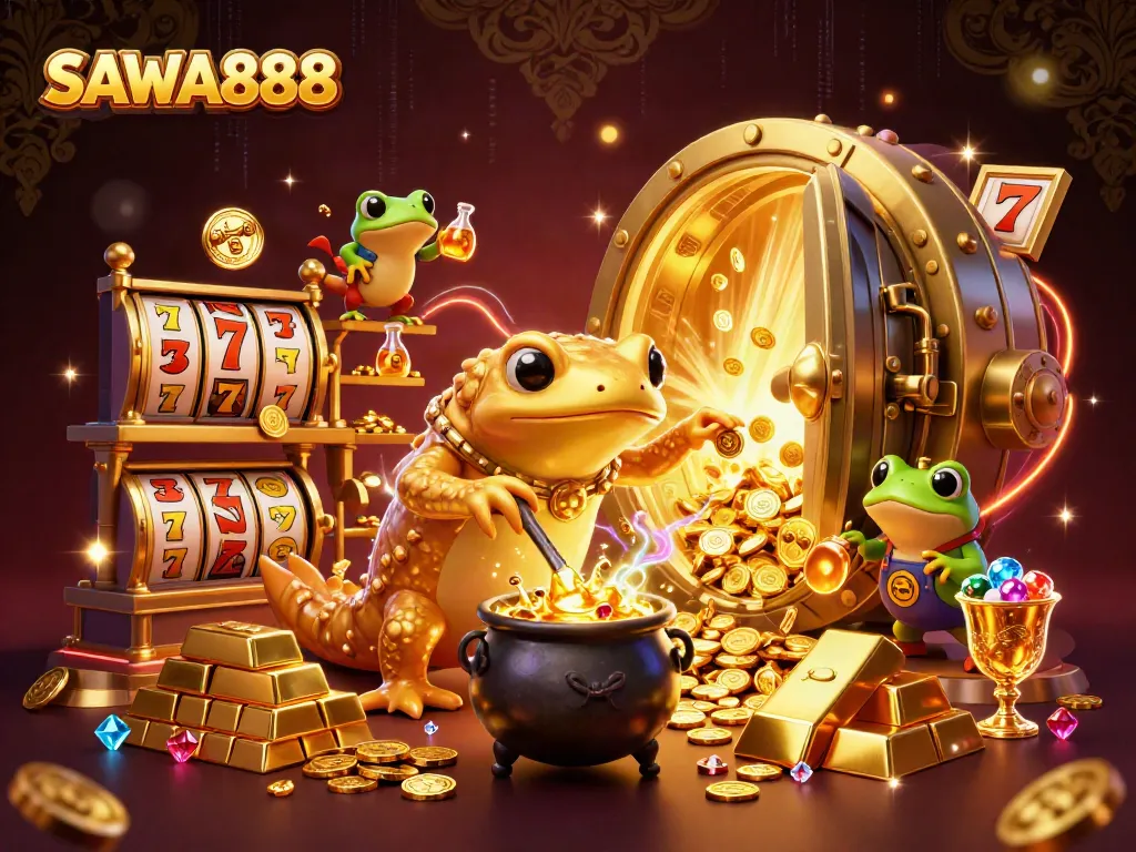 Spark winning strategies at SAWA888 with a vibrant 3D casino scene featuring golden treasures and alchemical mystique.