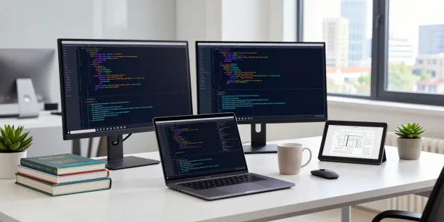 Professional coder working at a modern desk with dual monitors and colorful code; https://notepad-app.co/.